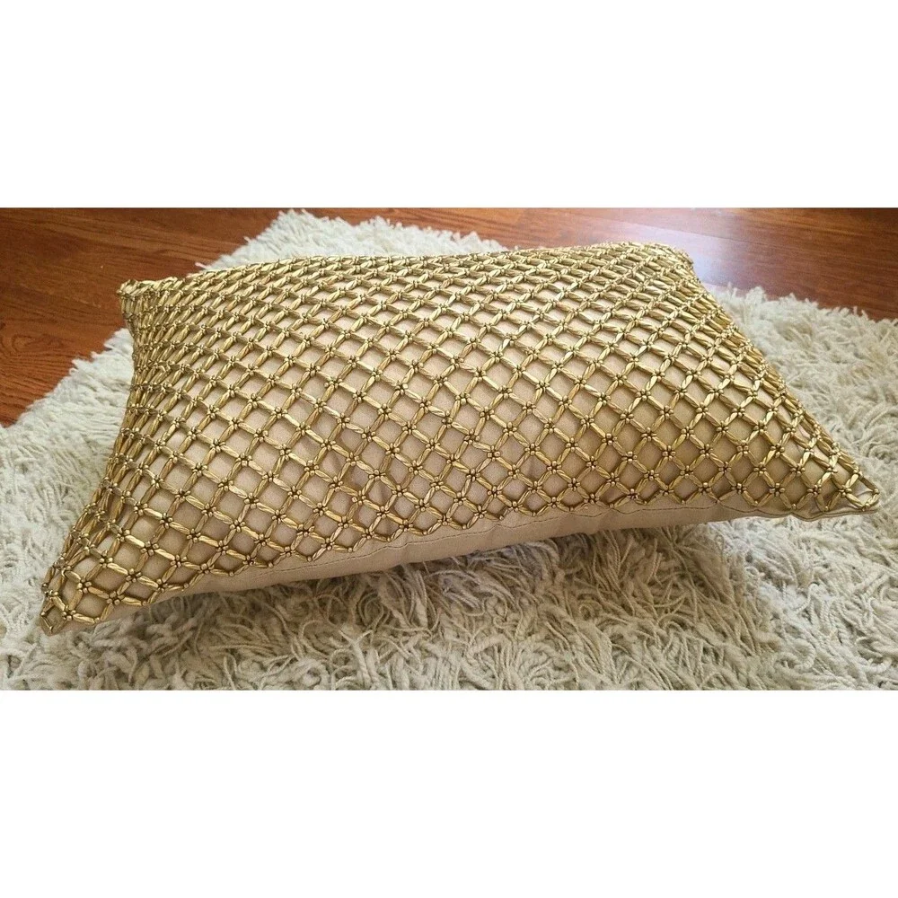 Pier 1 Gold Beaded Lattice Elegant Throw Decorative Pillow 18